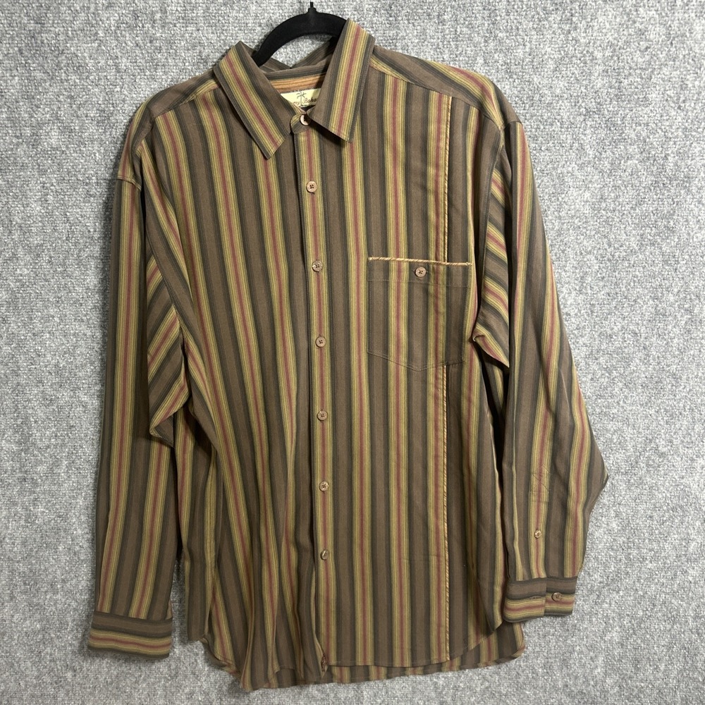 Tommy Bahama Mens Brown Wood Long Sleeve 100% Silk Striped Button Up Shirt M